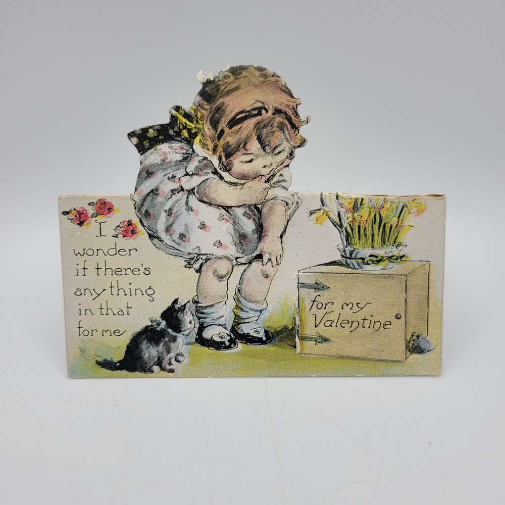 Vintage Valentine Card Girl Kitten Pop‎ Up Die Cut Antique Valentines Day